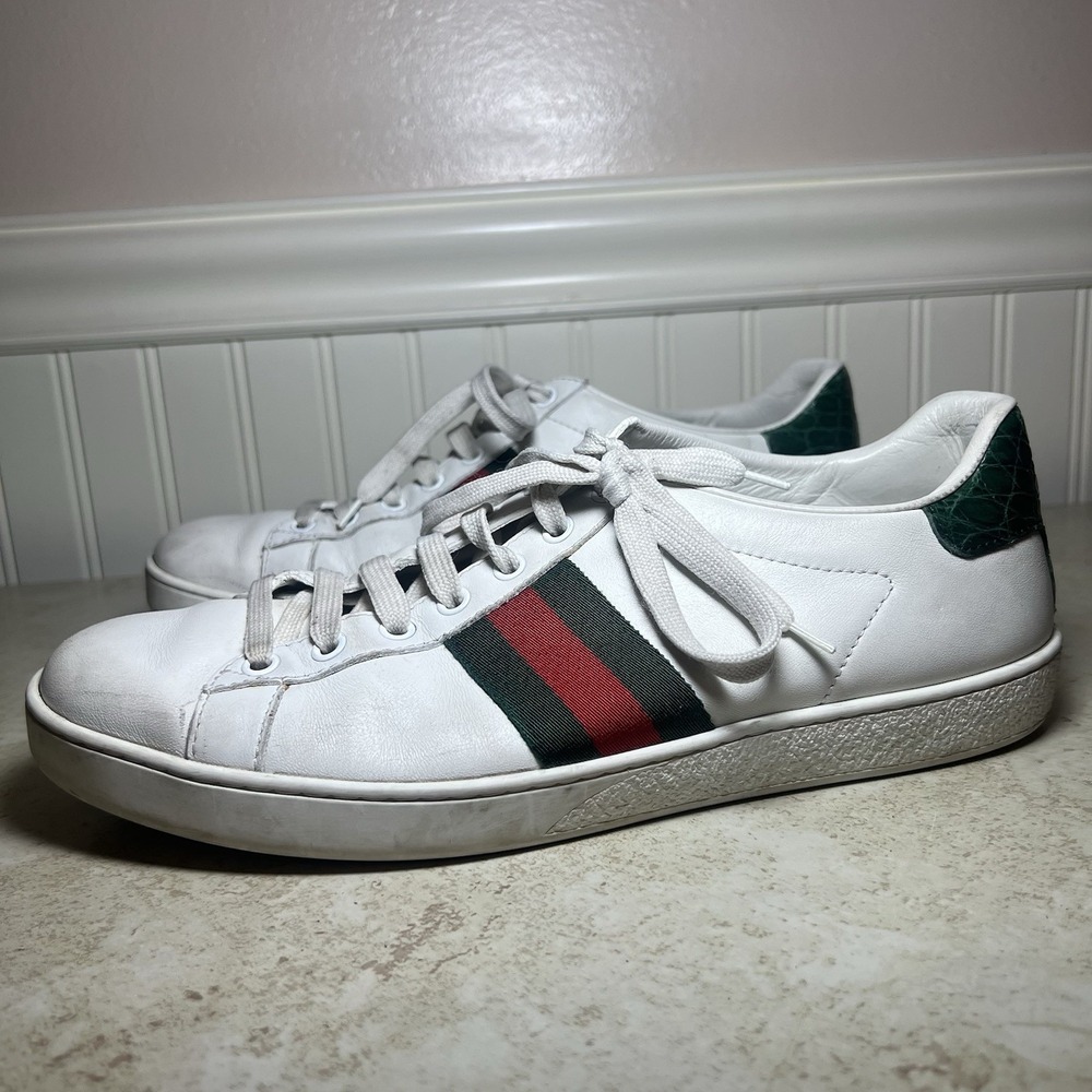 Authentic Gucci Ace Leather Sneakers Green Croc Trim Classic Web Striped Size 40